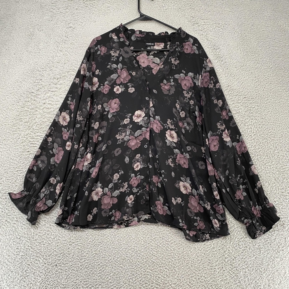 Torrid Top Womens 2 / 2X Floral Chiffon Sheer Tunic‎ Blouse Balloon Sleeve Black